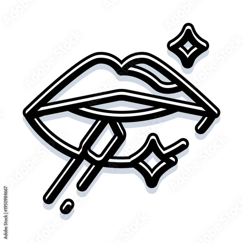 Open lips receiving a cosmetic application from a brush, illustrating beauty, makeup, and personal care with sparkling details and a dropped liquid element