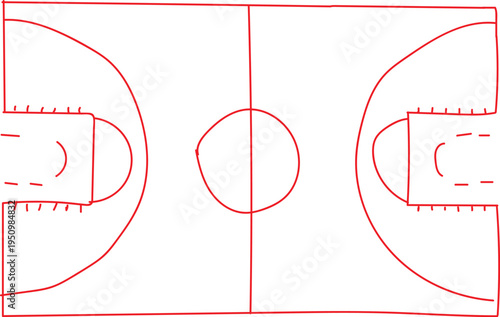 A clear and simple hand-drawn outline illustration depicting a complete basketball court layout, highlighting all critical markings. This minimalist design precisely includes the free-throw lines, the