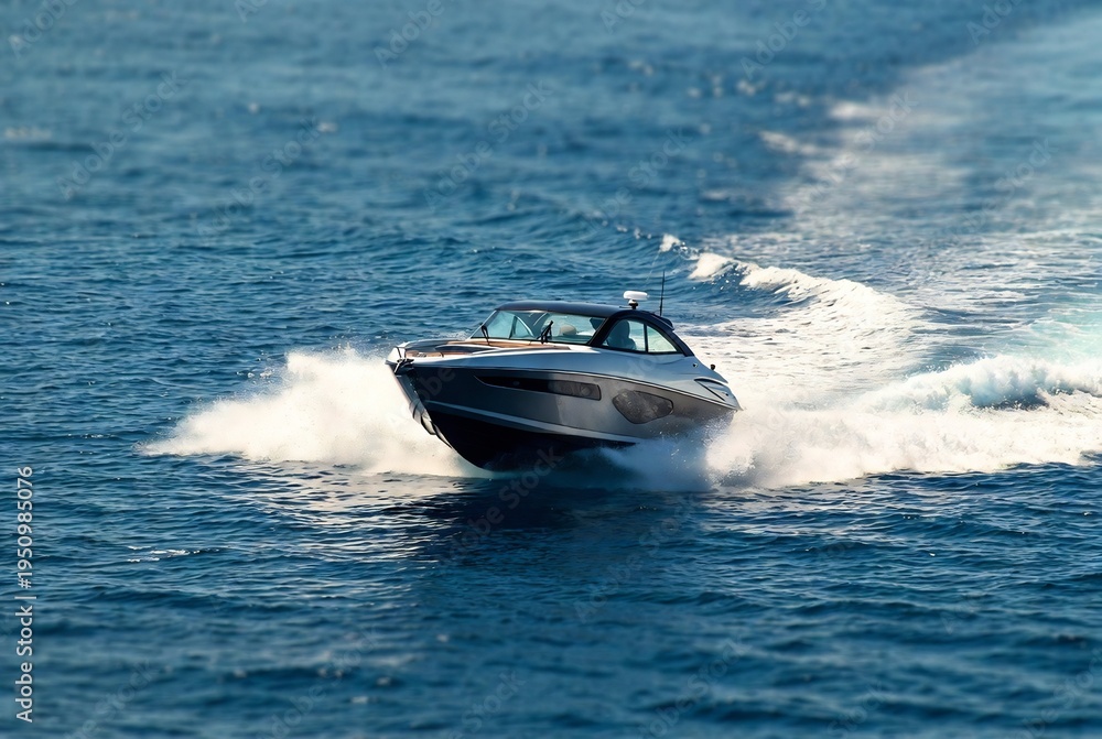 Fototapeta premium A motorboat is moving across a blue ocean.