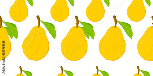 Yellow pear fruit seamless pattern with green leaves on white background. Cute minimalist pear seamless pattern for textile, fabric, and kitchen decor