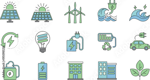 Renewable Energy and Eco Technology Icon Vector Set Featuring Solar Panels, Wind Turbines, Electric Car, Battery, Recycling and Green Power Symbols
