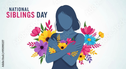 Woman celebrating national siblings day with colorful flowers and arms crossed in a symbol of love and connection