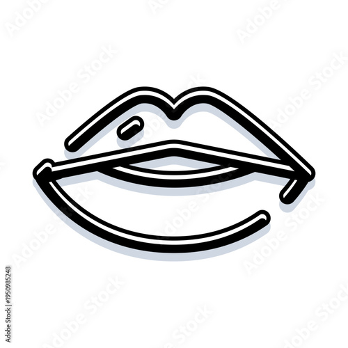 Stylized black and white line art depicting a pair of lips, forming a soft kiss or gentle smile, symbolizing beauty, seduction, femininity, and human expression with a modern aesthetic