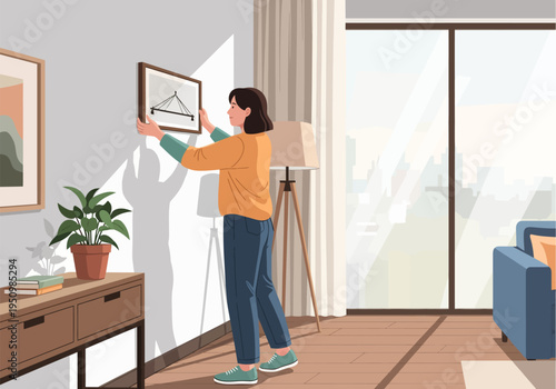 A woman hangs a painting on the wall in her home