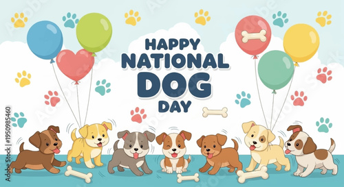 Happy national dog day celebration with playful dogs and colorful balloons