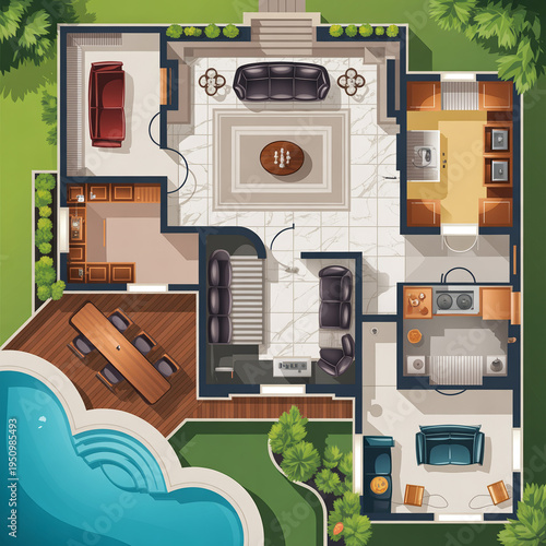 Colorful 2 d of a luxury villa with pool and garden