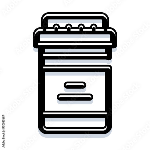 Pill bottle icon with a closed cap and a label area, symbolizing medicine, prescription drugs, healthcare, and pharmaceutical treatments in a minimalist graphic style