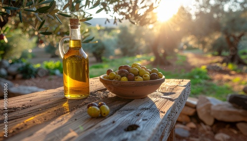 Fresh Olive Oil and Bowl of Olives in Sunny Olive Grove at Sunset