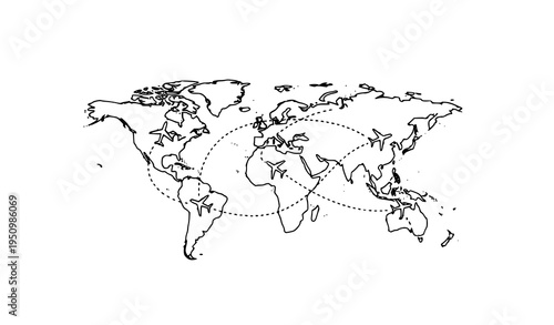 World map with airplane routes global travel connection vector illustration