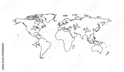Global travel map with airplanes flight paths aviation vector design