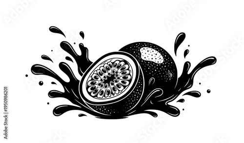 Passion fruit splash black white vector juicy tropical fruit illustration