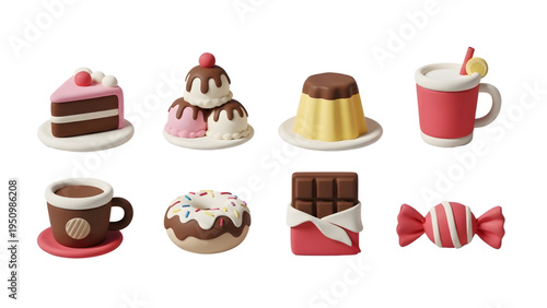 Assorted sweet treats and beverages on white background including cake desserts chocolate candy coffee and donuts