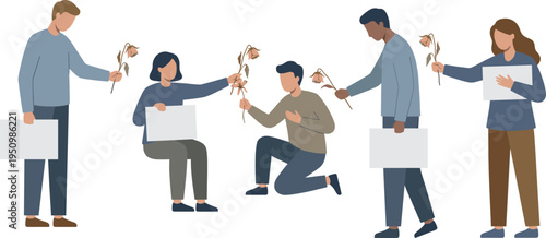 People holding wilted flowers and blank protest signs, grief remembrance loss awareness concept illustration with sad mourning characters