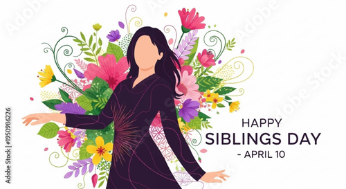 Woman celebrating siblings day with colorful floral background and happy gesture