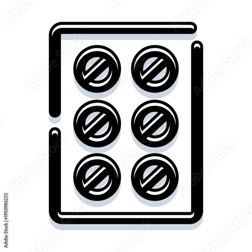 Medicine blister pack containing six round pills, each featuring a diagonal line indicating a restriction or prohibition, symbolizing medication side effects or contraindications