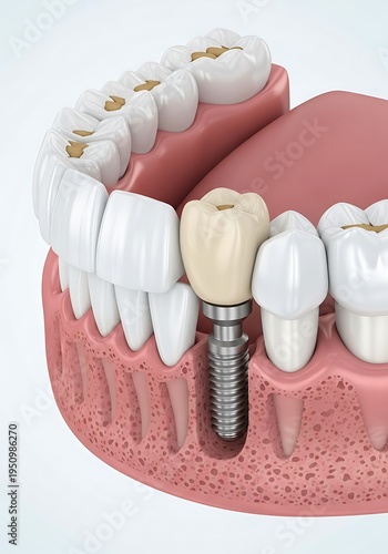 Cross section illustrates placement of a screw like titanium fixture into jaw bone supporting a prosthetic crown