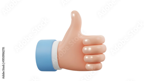 Thumbs up hand gesture with blue sleeve giving approval or confirmation on white background