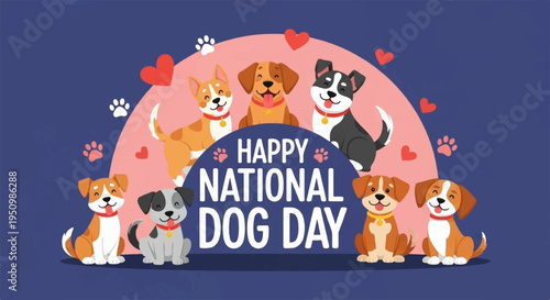 Happy national dog day celebration with diverse cute dogs and hearts on pink background