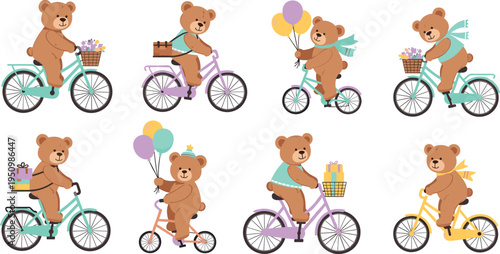 Cute Bear Riding Bicycle Vector Illustration Set Featuring Adorable Cartoon Bears with Balloons, Gifts and Baskets Cycling Collection