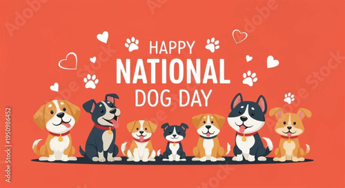 Happy national dog day celebration with adorable cartoon dogs and hearts on orange background