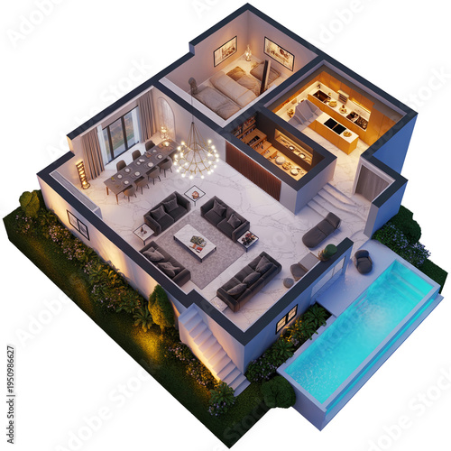 End colorful 3 d luxury villa with family room living area kitchen and outdoor pool