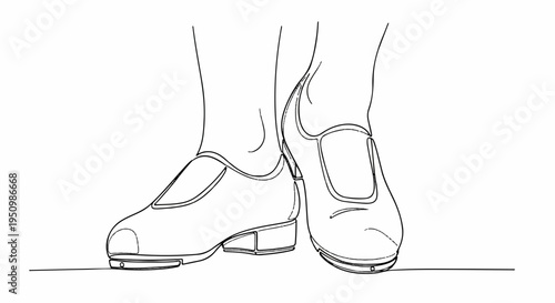 Woman's feet in tap shoes dancing performance isolated black and white illustration line art minimalist simple background