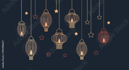 Elegant Ramadan Lantern Banner with Hanging Lanterns and Stars on Dark Blue Background.Luminous Ramadan Lantern Banner with Ornate Celestial Accents.