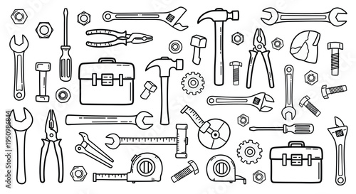 Hand Drawn Mechanic Tools Seamless Pattern with Wrench Hammer Pliers Toolbox on White.Industrial Repair Implements in Hand-Sketched Technical Style. Manual Labor Reference. Mechanical Craft Concept.