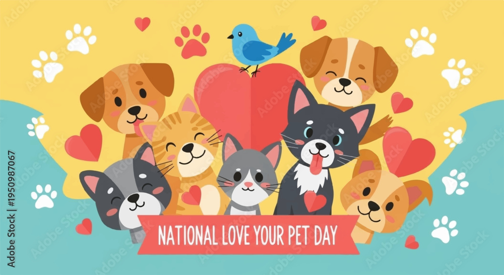 Obraz premium Cute cartoon dogs and cats celebrate national love your pet day with hearts and paw prints