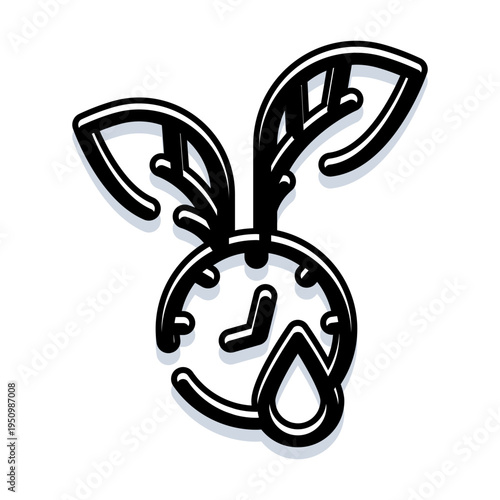 Abstract illustration combining a clock with organic leaves and a dewdrop symbol, representing the passage of time, environmental cycles, and the importance of natural elements