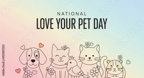 National love your pet day celebration with happy animals dog cat and bunny line art