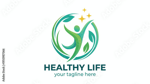 Healthy Life Logo Design with Human Figure and Green Wellness Symbol