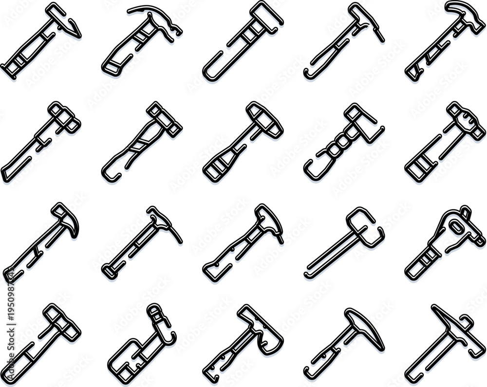 Fototapeta premium Variety of different hammer and mallet tools for construction, repair, and hardware work, featuring an assortment of specialized equipment for various tasks