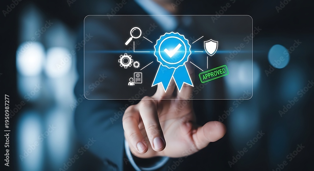 Fototapeta premium Businessman pointing to a holographic quality assurance badge with a checkmark, symbolizing certified excellence and approved business standards.