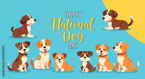 Happy national dog day cute puppies celebration colorful illustration