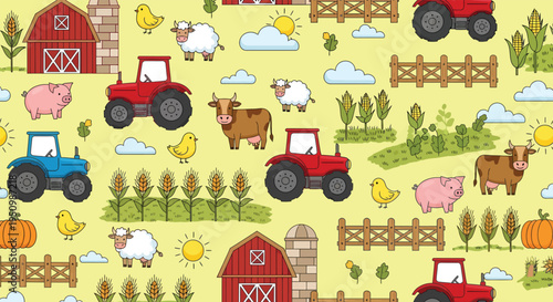 Cute Cartoon Farm Animals Seamless Pattern with Tractor Barn Cow Pig Sheep on Yellow.Rustic Agricultural Livestock Symbols on Vibrant Ochre Surface. Children�s Education Asset. Rural Farm Theme.