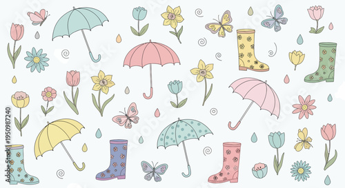 Cute Spring Rain Seamless Pattern with Umbrella Rain Boots Flowers Butterfly on White.Whimsical Vernal Rainfall Motifs with Umbrellas and Footwear.