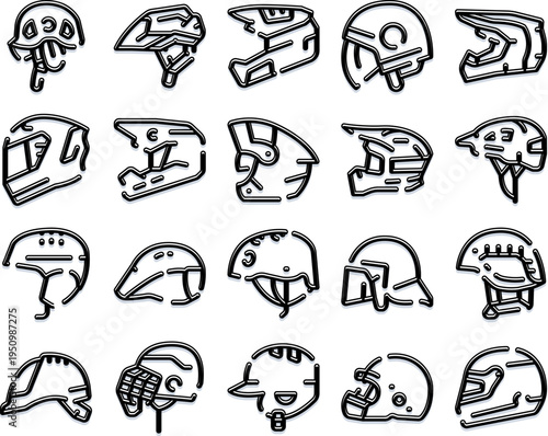 Collection of different helmet types, including sports, motorcycle, and construction gear, illustrating protection, headwear, and safety equipment in a modern line art style