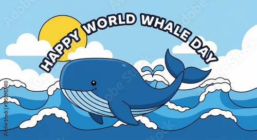 Whale jumping ocean waves sunny sky clouds happy world whale day celebration
