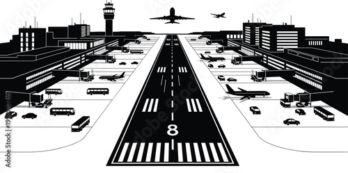 Airport Runway Terminal Silhouette with Airplanes Taking Off and Landing, Control Tower, Vehicles and Aviation Activity Isolated on White Background