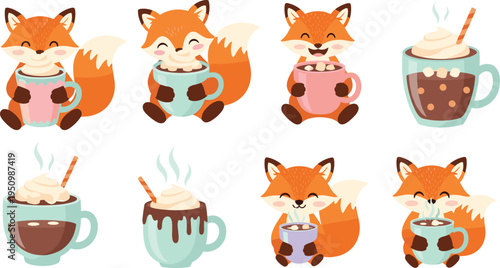 Cute Fox Drinking Hot Chocolate Vector Illustration Set Featuring Adorable Woodland Fox Characters with Cozy Winter Drinks and Warm Beverages