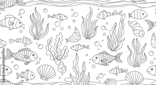 Hand Drawn Underwater Ocean Scene Seamless Pattern with Fish Seaweed Shell Bubble.Submerged Marine Ecosystem Sketches with Aquatic Lifeforms. Marine Biology Resource. Ocean Conservation Theme.