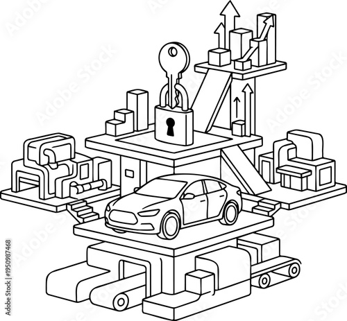 Isometric line art vector of car security, automotive industry growth and smart factory.