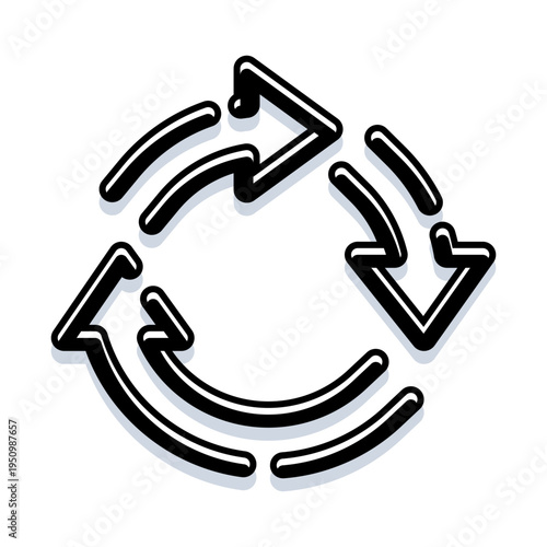 Recycling symbol with three dynamic arrows forming a continuous circular loop, representing sustainability, reuse, environmental responsibility, renewal and the cyclical nature of resources