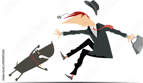 Terrified man and aggressive dog. 
An aggressive dog attacks a frightened man
