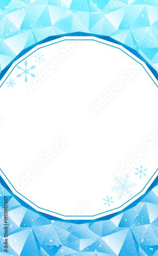 水色のポリゴン背景と雪の結晶丸フレーム_縦