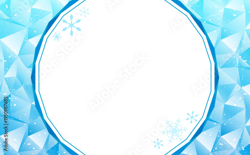 水色のポリゴン背景と雪の結晶丸フレーム_横