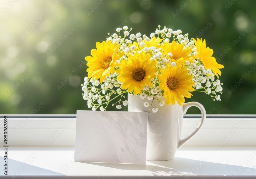 Fototapeta premium Sunflowers and babys breath in white mug on windowsill