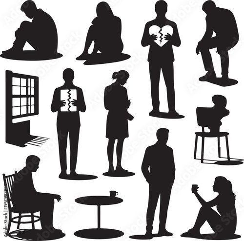 Black silhouettes of people in various poses and emotions on white background