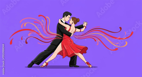 Couple dancing tango with red ribbons on purple background passionate movement and energy